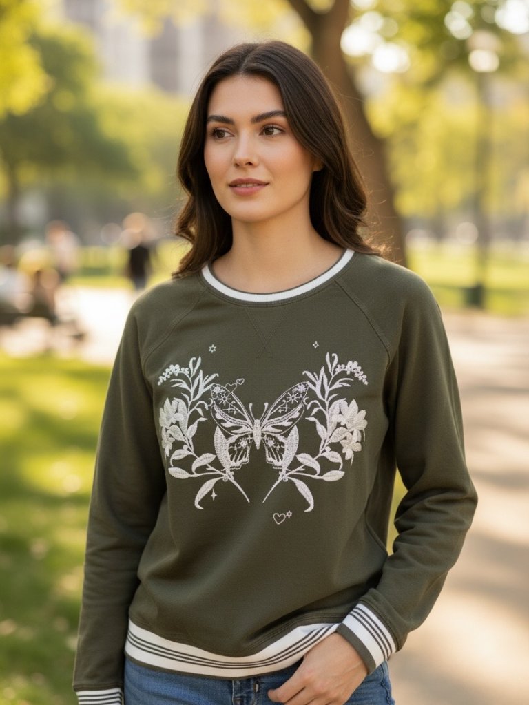 Johnny Was Green Butterfly Embroidered Sweatshirt Top Women Size Small S Boho